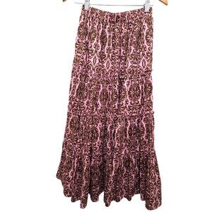 Revolve O.P.T. Pink & Brown Tiered Maxi Skirt With Elastic Waistband Size S